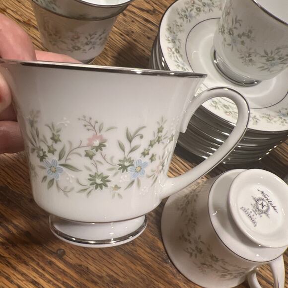 14 PIECE Noritake SAVANNAH 2031 FOOTED Cups & Saucers NM! Platinum Trim 6" - Picture 7 of 11